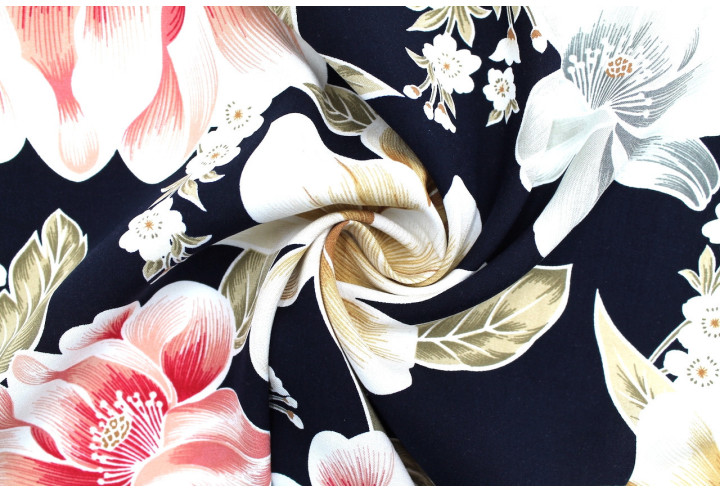 Tissu Popeline Viscose Imprimé Fleur Carla Marine -Au Mètre
