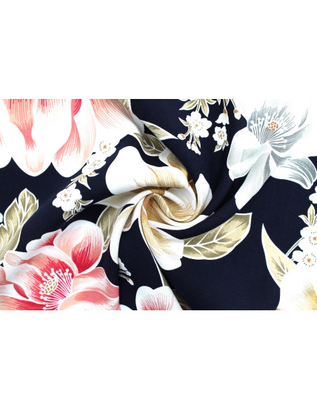 Tissu Popeline Viscose Imprimé Fleur Carla Marine -Au Mètre