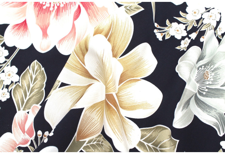 Tissu Popeline Viscose Imprimé Fleur Carla Marine -Au Mètre
