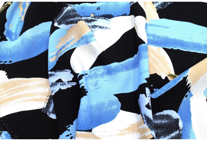 Tissu Popeline Viscose Imprimé Peinture Noir et Bleu -Au Mètre