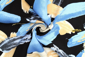 Tissu Popeline Viscose Imprimé Peinture Noir et Bleu -Au Mètre