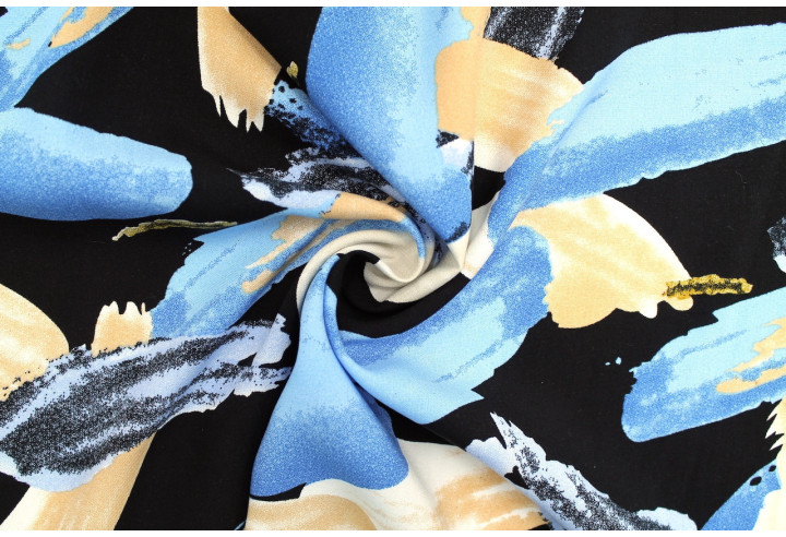 Tissu Popeline Viscose Imprimé Peinture Noir et Bleu -Au Mètre