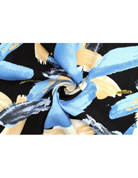 Tissu Popeline Viscose Imprimé Peinture Noir et Bleu -Au Mètre