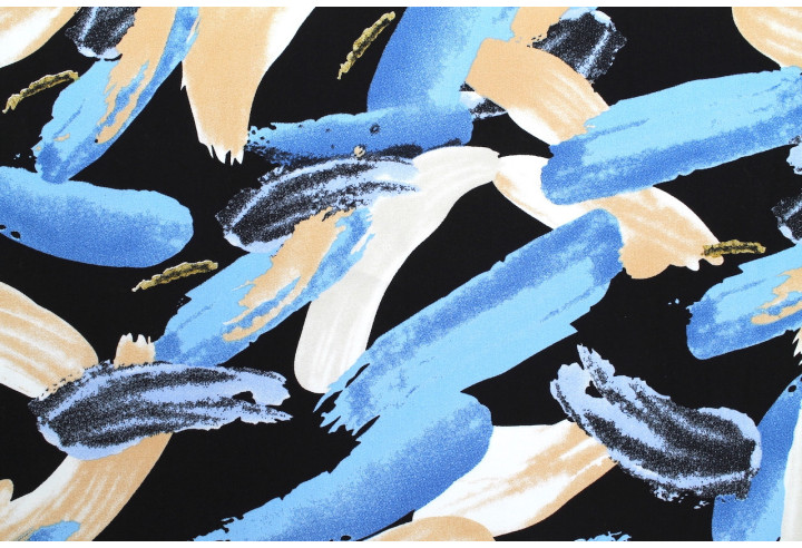 Tissu Popeline Viscose Imprimé Peinture Noir et Bleu -Au Mètre