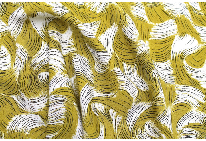 Tissu Popeline Viscose Imprimé Tornade Moutarde -Au Mètre