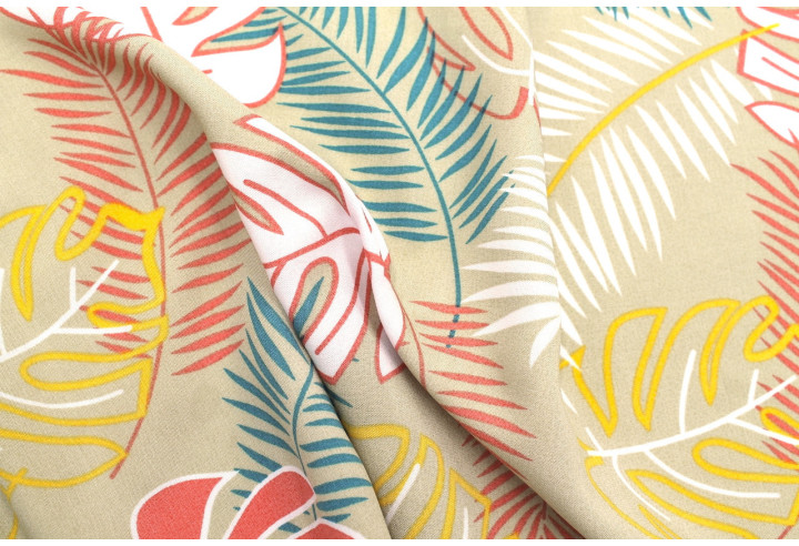 Tissu Popeline Viscose Imprimé Tahiti Beige -Au Mètre