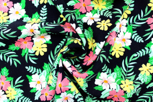 Tissu Popeline Viscose Imprimé Fleur Mallow Marine -Au Mètre