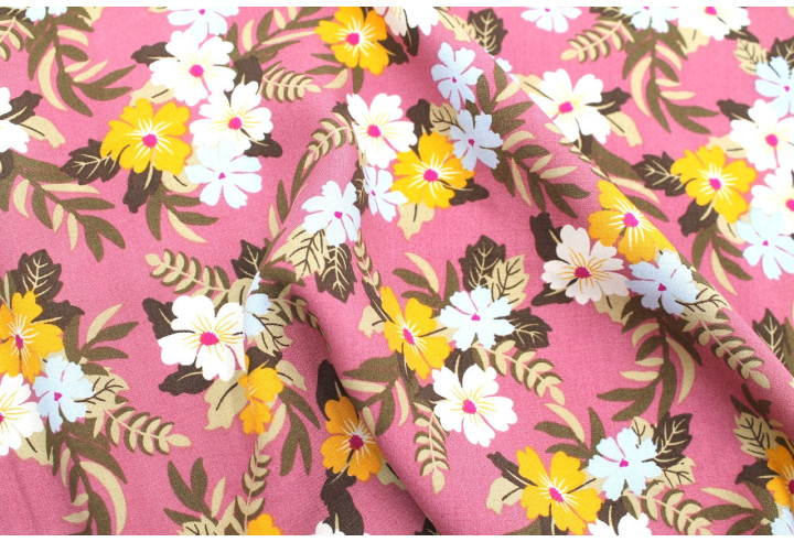 Tissu Popeline Viscose Imprimé Fleur Mallow Rose -Au Mètre