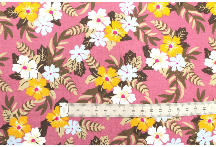 Tissu Popeline Viscose Imprimé Fleur Mallow Rose -Au Mètre