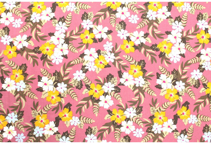 Tissu Popeline Viscose Imprimé Fleur Mallow Rose -Au Mètre