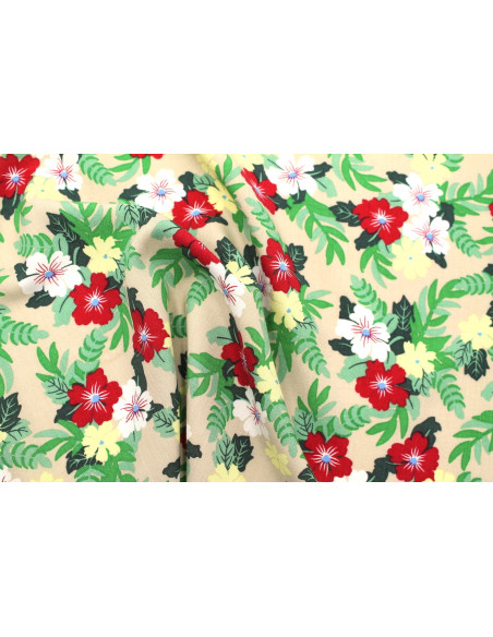Tissu Popeline Viscose Imprimé Fleur Mallow Beige -Au Mètre