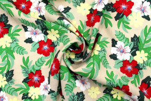 Tissu Popeline Viscose Imprimé Fleur Mallow Beige -Au Mètre