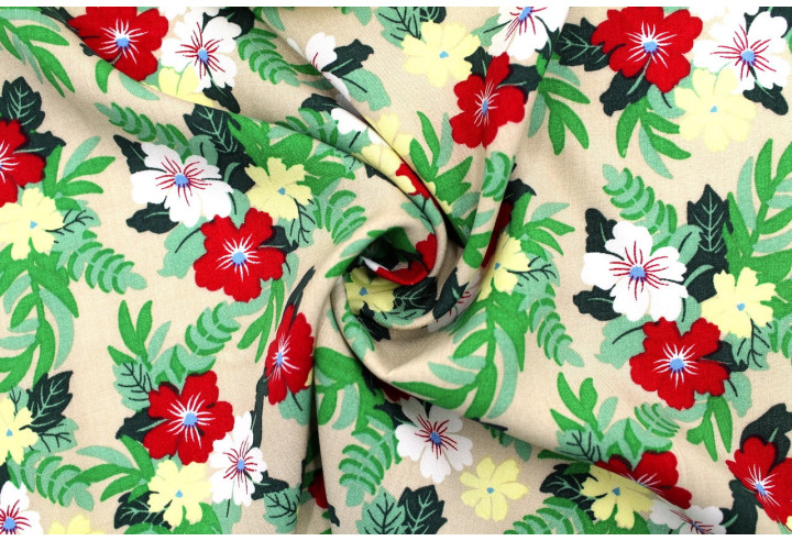 Tissu Popeline Viscose Imprimé Fleur Mallow Beige -Au Mètre