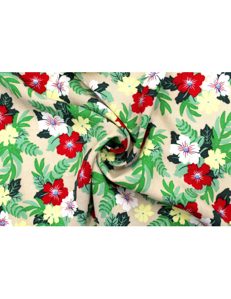 Tissu Popeline Viscose Imprimé Fleur Mallow Beige -Au Mètre