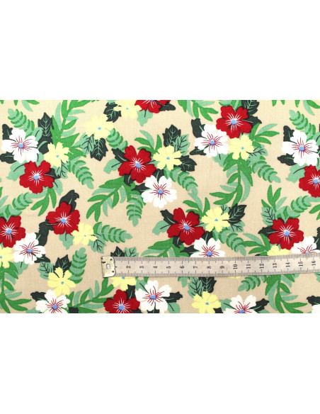 Tissu Popeline Viscose Imprimé Fleur Mallow Beige -Au Mètre