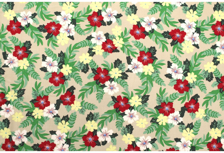 Tissu Popeline Viscose Imprimé Fleur Mallow Beige -Au Mètre