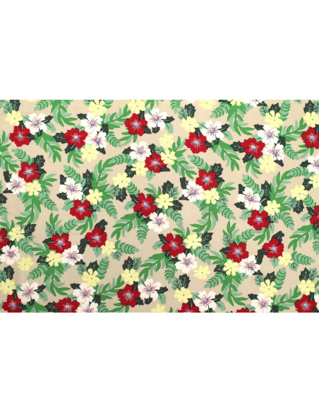 Tissu Popeline Viscose Imprimé Fleur Mallow Beige -Au Mètre