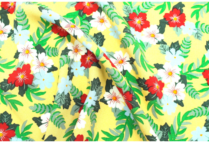 Tissu Popeline Viscose Imprimé Fleur Mallow Jaune Paille -Au Mètre