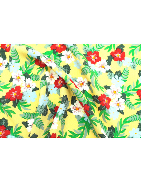 Tissu Popeline Viscose Imprimé Fleur Mallow Jaune Paille -Au Mètre