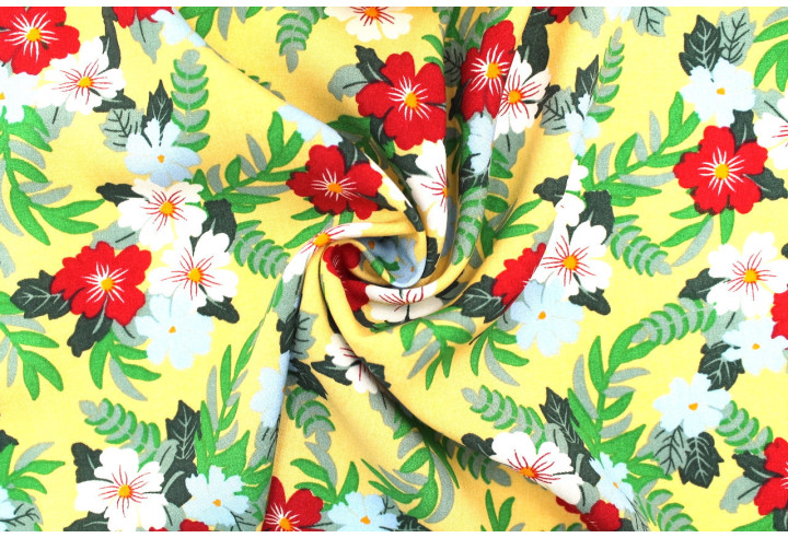 Tissu Popeline Viscose Imprimé Fleur Mallow Jaune Paille -Au Mètre