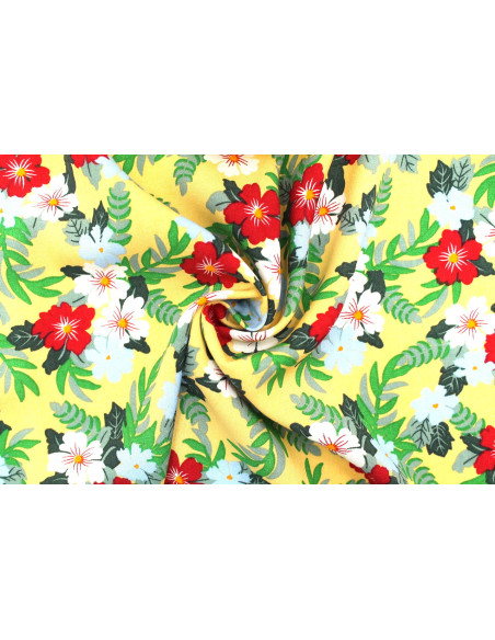 Tissu Popeline Viscose Imprimé Fleur Mallow Jaune Paille -Au Mètre