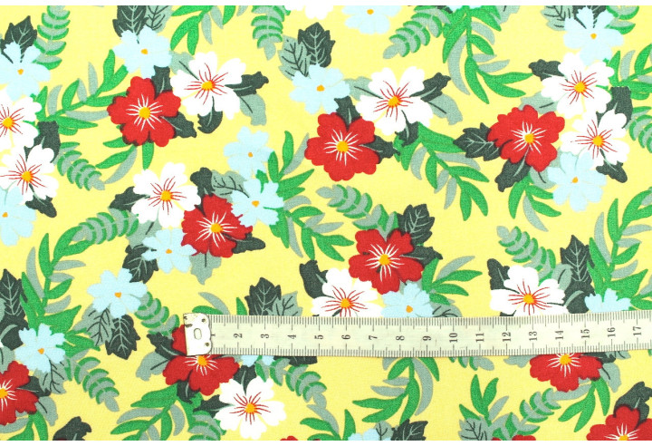 Tissu Popeline Viscose Imprimé Fleur Mallow Jaune Paille -Au Mètre