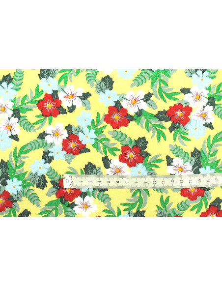 Tissu Popeline Viscose Imprimé Fleur Mallow Jaune Paille -Au Mètre