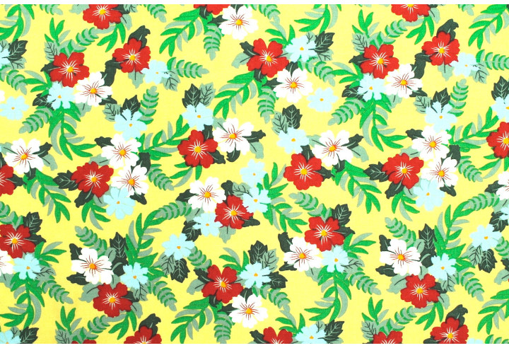 Tissu Popeline Viscose Imprimé Fleur Mallow Jaune Paille -Au Mètre