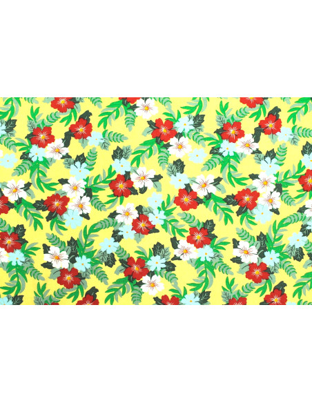 Tissu Popeline Viscose Imprimé Fleur Mallow Jaune Paille -Au Mètre