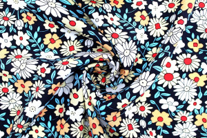 Tissu Popeline Viscose Imprimé Fleur Hélio Marine -Au Mètre