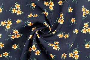 Tissu Popeline Viscose Imprimé Fleur Blossom Marine -Au Mètre