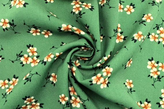 Tissu Popeline Viscose Imprimé Fleur Blossom Vert -Au Mètre