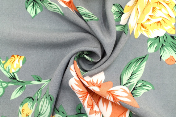 Tissu Popeline Viscose Imprimé Fleur Thérésa Gris -Au Mètre