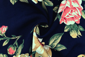 Tissu Popeline Viscose Imprimé Fleur Thérésa Marine -Au Mètre