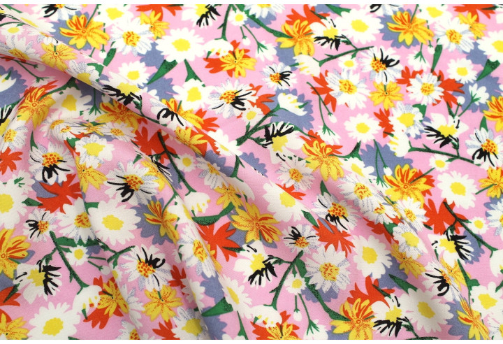 Tissu Popeline Viscose Imprimé Fleur Thalia Rose -Au Mètre