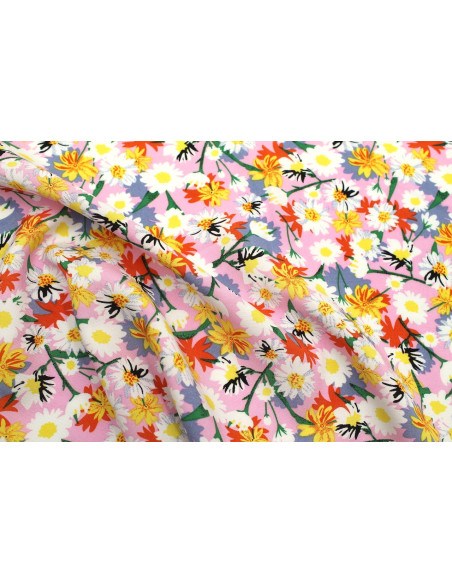 Tissu Popeline Viscose Imprimé Fleur Thalia Rose -Au Mètre