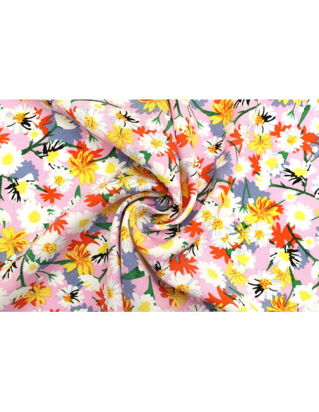 Tissu Popeline Viscose Imprimé Fleur Thalia Rose -Au Mètre