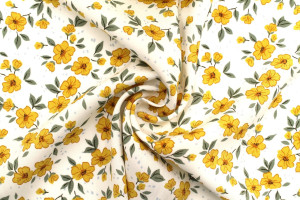 Tissu Popeline Viscose Imprimé Fleur Délphine Moutarde -Au Mètre