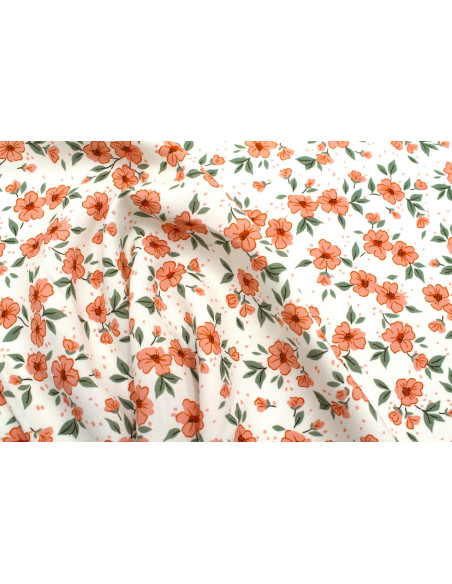 Tissu Popeline Viscose Imprimé Fleur Délphine Corail -Au Mètre