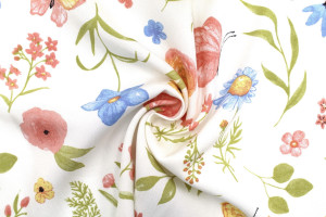 Tissu Popeline Viscose Imprimé Jardin Blanc -Au Mètre