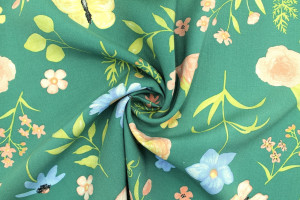 Tissu Popeline Viscose Imprimé Jardin Vert -Au Mètre