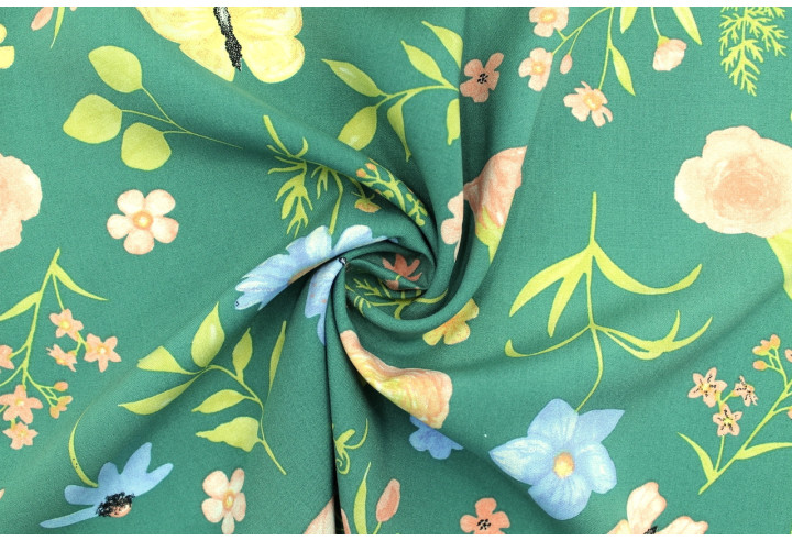 Tissu Popeline Viscose Imprimé Jardin Vert -Au Mètre
