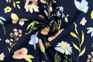 Tissu Popeline Viscose Imprimé Jardin Marine -Au Mètre