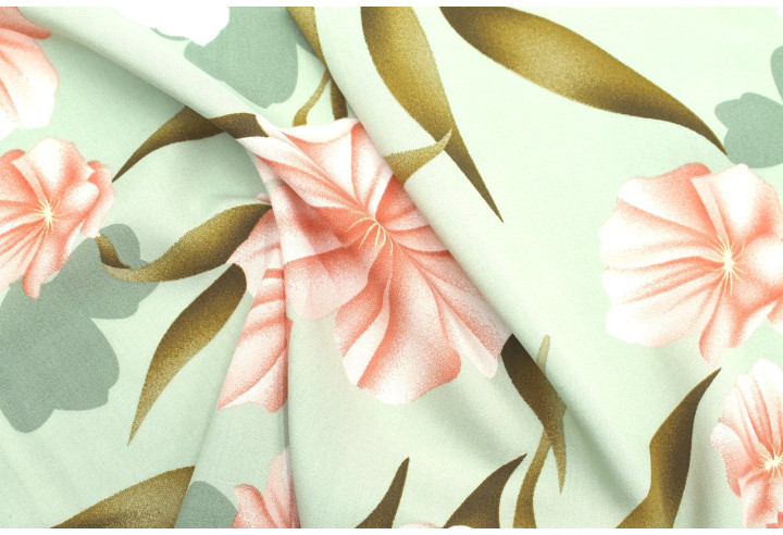 Tissu Popeline Viscose Imprimé Fleur Calenda Pistache -Au Mètre