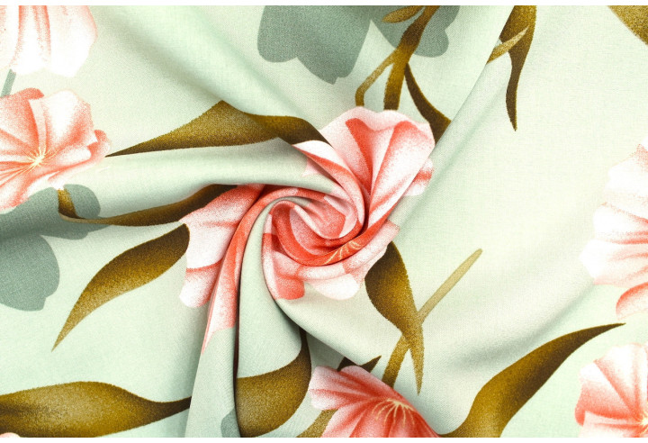 Tissu Popeline Viscose Imprimé Fleur Calenda Pistache -Au Mètre