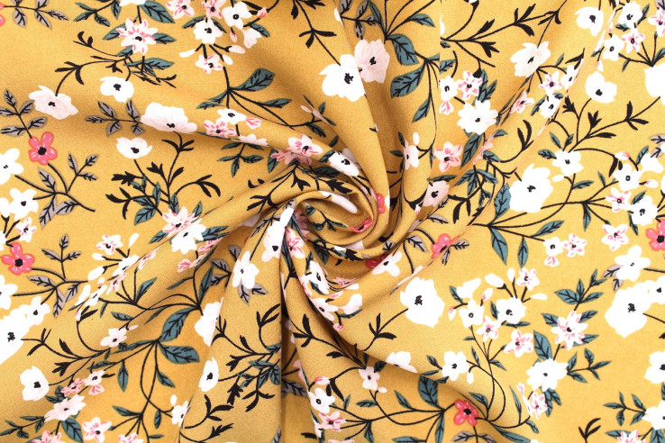 Tissu Popeline Viscose Imprimé Fleur Satini Moutarde -Au Mètre