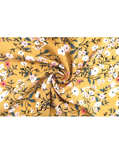 Tissu Popeline Viscose Imprimé Fleur Satini Moutarde -Au Mètre