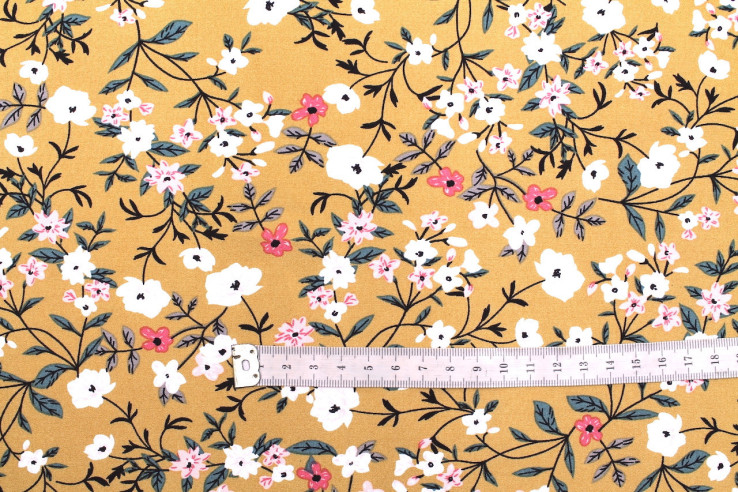 Tissu Popeline Viscose Imprimé Fleur Satini Moutarde -Au Mètre
