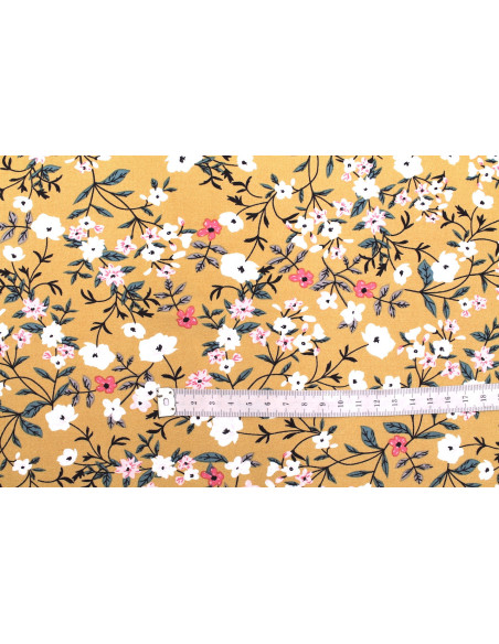 Tissu Popeline Viscose Imprimé Fleur Satini Moutarde -Au Mètre