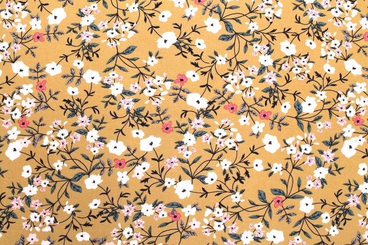 Tissu Popeline Viscose Imprimé Fleur Satini Moutarde -Au Mètre